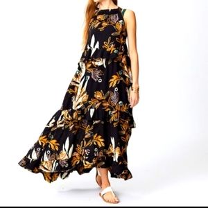 Free People Boho printed floral black Anita flowy maxi sundress sleeveless.Large